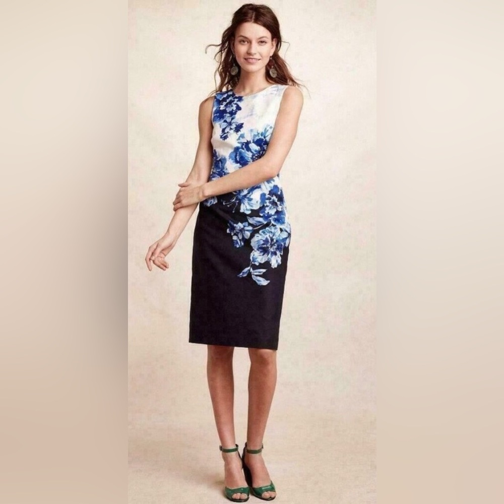 Maeve floral blue and white sheath dress with back cut out. Size 4.